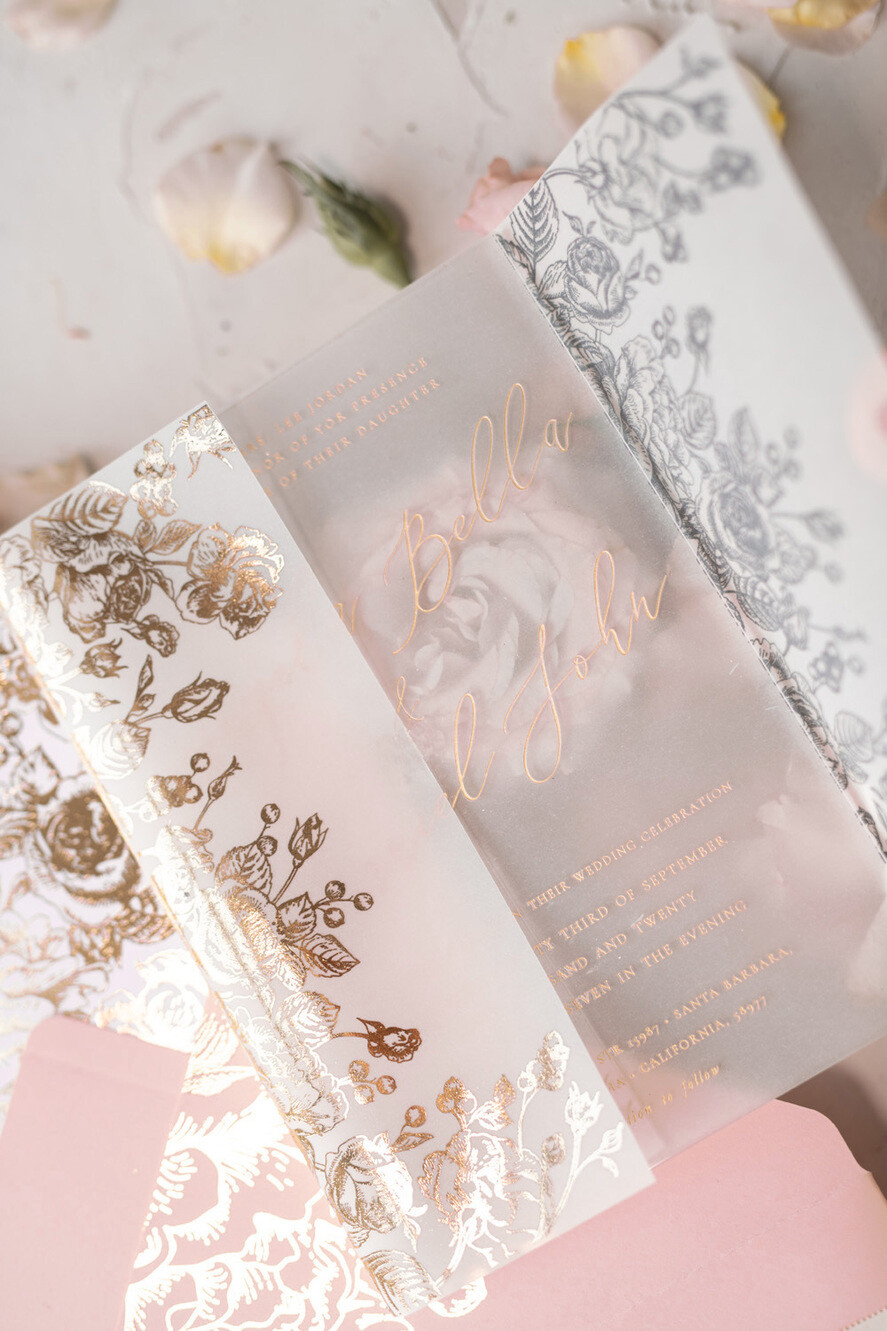 Zaproszenia ślubne Złote Glamour eleganckie złote zaproszenia transparentne zaproszenia na ślub w stylu glamour z błyszczącą kwiatową grafiką 5