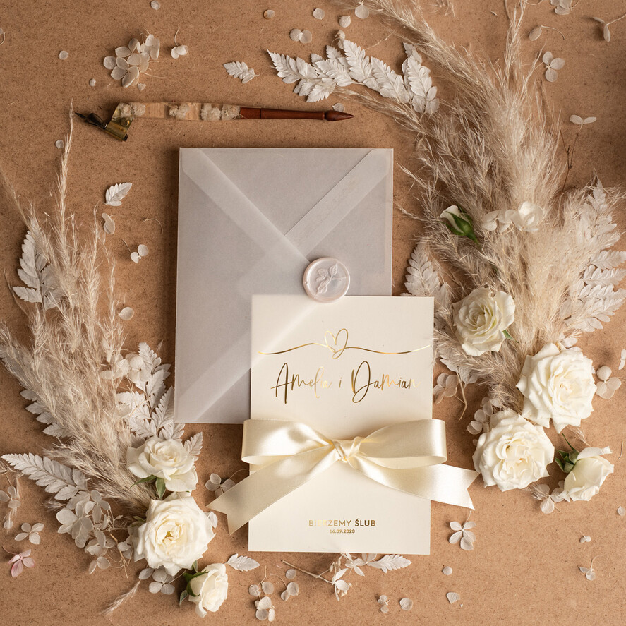 Zaproszenia ślubne Złote Glamour niepowtarzalne zaproszenia ślubne, złoty i srebrny laminat zaproszenia ze wstążką 3