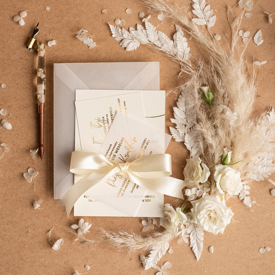 Zaproszenia ślubne Złote Glamour niepowtarzalne zaproszenia ślubne, złoty i srebrny laminat zaproszenia ze wstążką 5