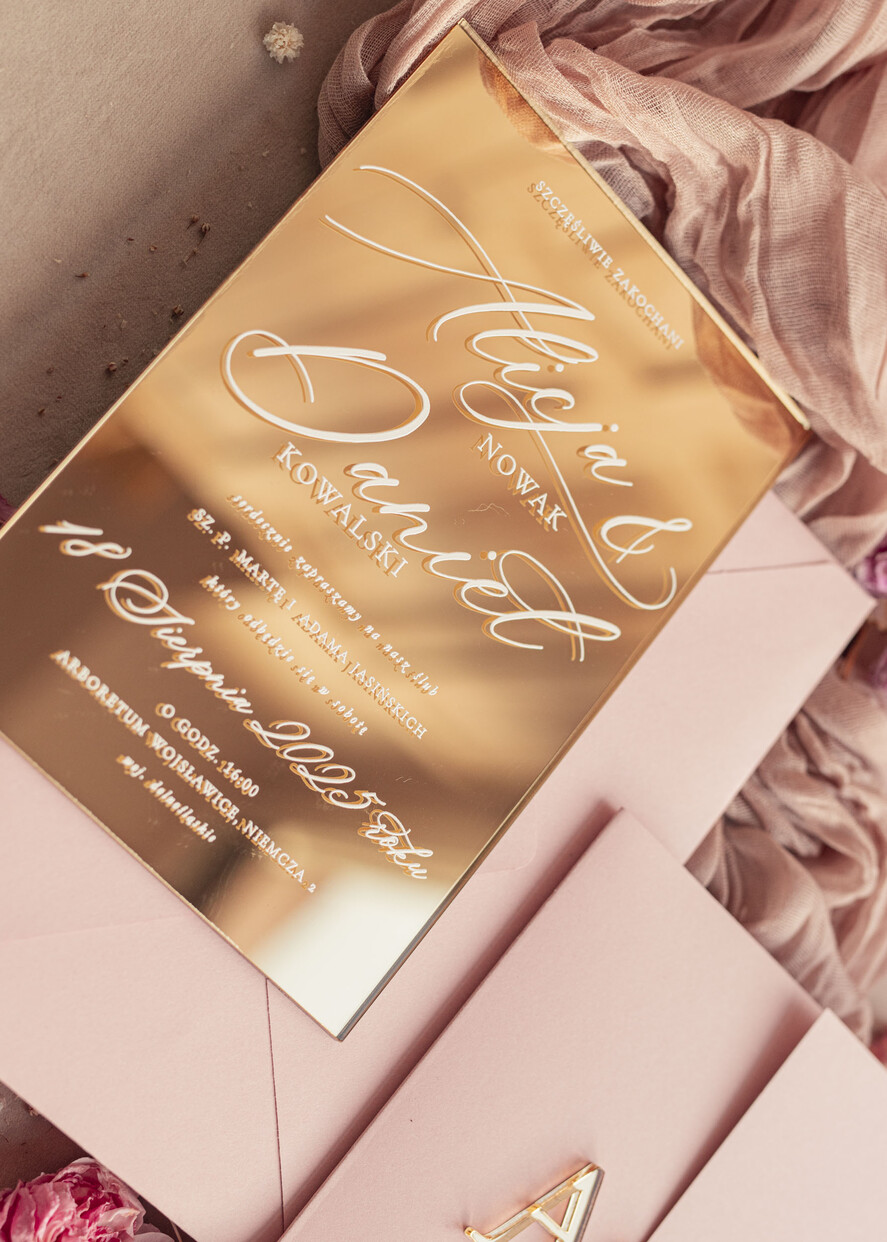 Zaproszenia ślubne Złote Glamour zaproszenie ślubne na lustrze ,złote zaproszenia ślubne z lustrzanym monogramem, różowe zaproszenie na ślub złocone, zaoriszenia na slub cywilny pudrowy róż  4