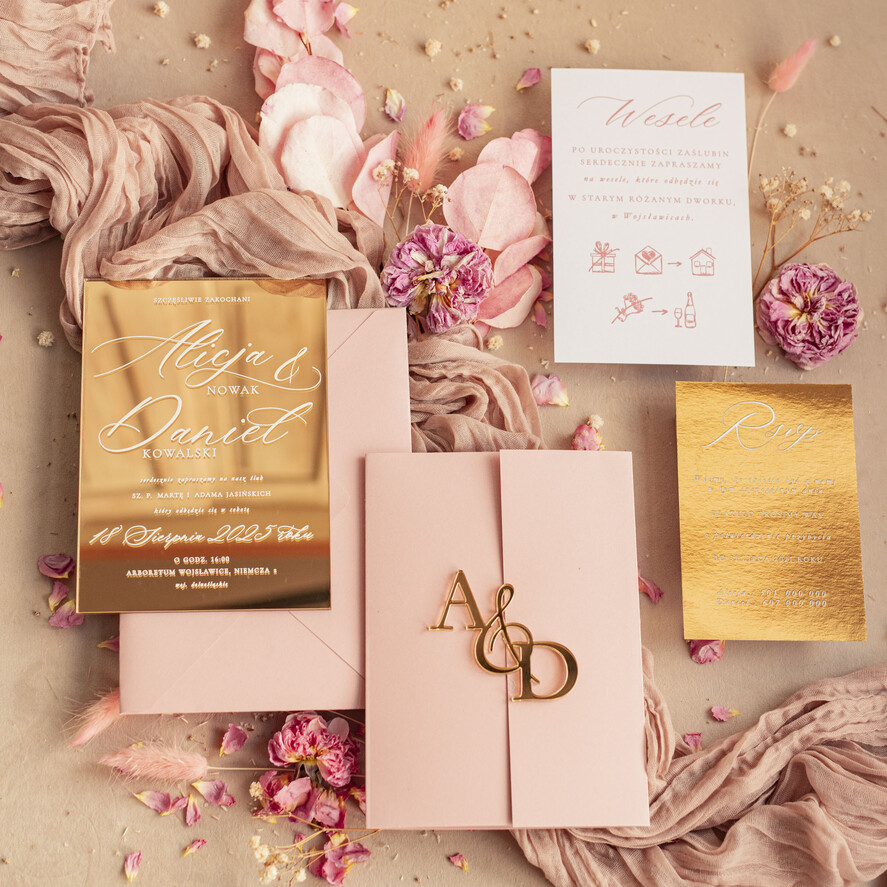 Zaproszenia ślubne Złote Glamour zaproszenie ślubne na lustrze ,złote zaproszenia ślubne z lustrzanym monogramem, różowe zaproszenie na ślub złocone, zaoriszenia na slub cywilny pudrowy róż  0