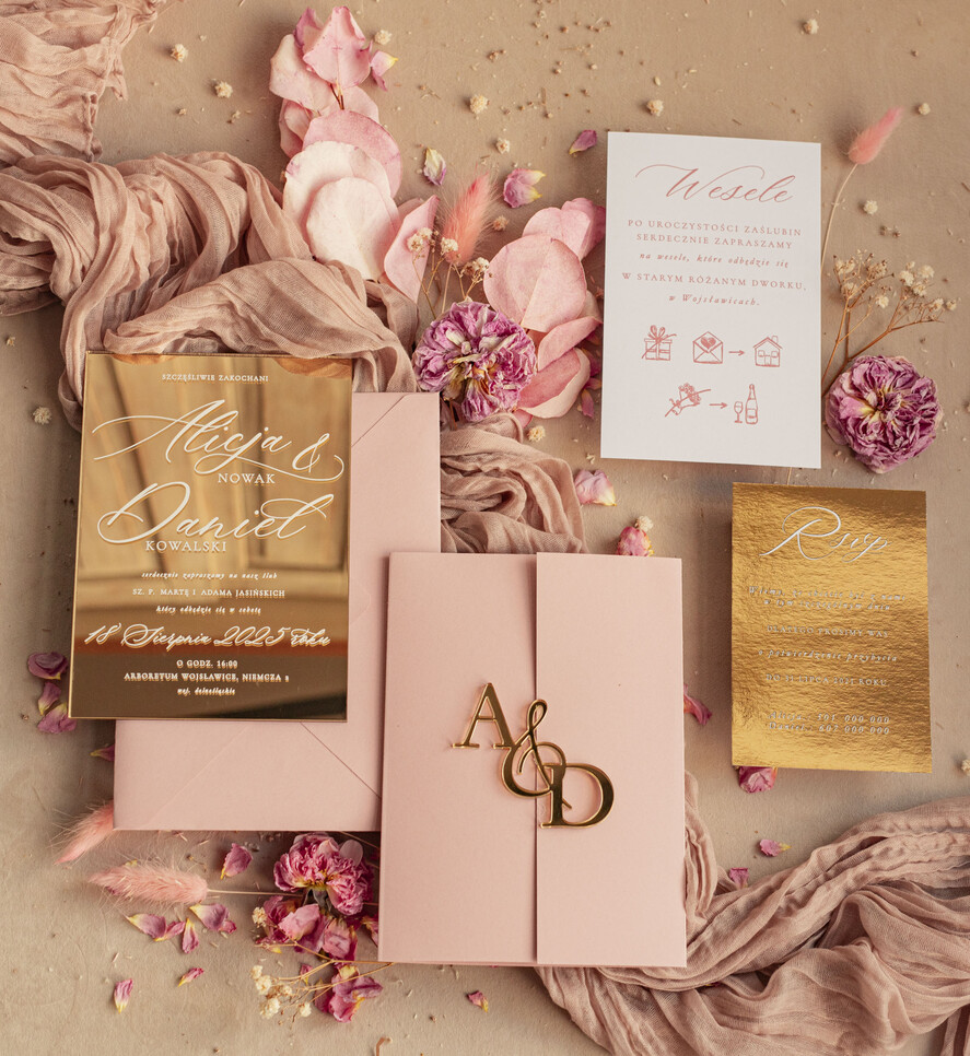 Zaproszenia ślubne Złote Glamour zaproszenie ślubne na lustrze ,złote zaproszenia ślubne z lustrzanym monogramem, różowe zaproszenie na ślub złocone, zaoriszenia na slub cywilny pudrowy róż  5
