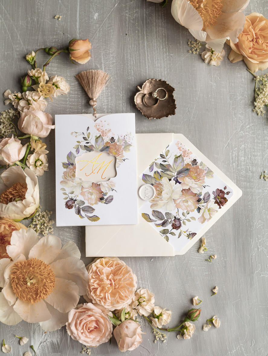 Zaproszenia ślubne Złote Glamour złote ekskluzywne zaproszenia ślubne ecru ze złotym złocone luksusowe zaproszenia na ślub boho kwiaty2