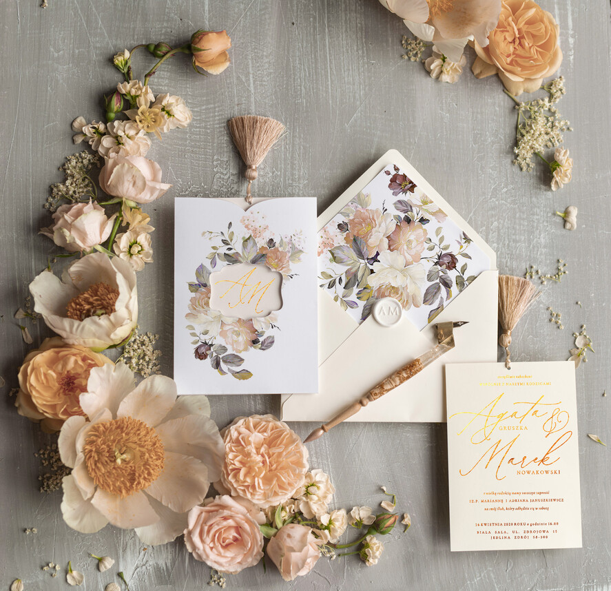 Zaproszenia ślubne Złote Glamour złote ekskluzywne zaproszenia ślubne ecru ze złotym złocone luksusowe zaproszenia na ślub boho kwiaty3