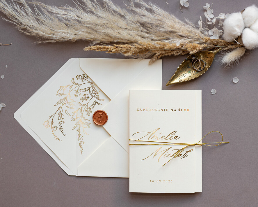 Zaproszenia ślubne Złote Glamour zaproszenia na ślub w plenerze, glamour złote i srebrne napisy, zaproszenia ślubne z kopertą i sznurkiem 1