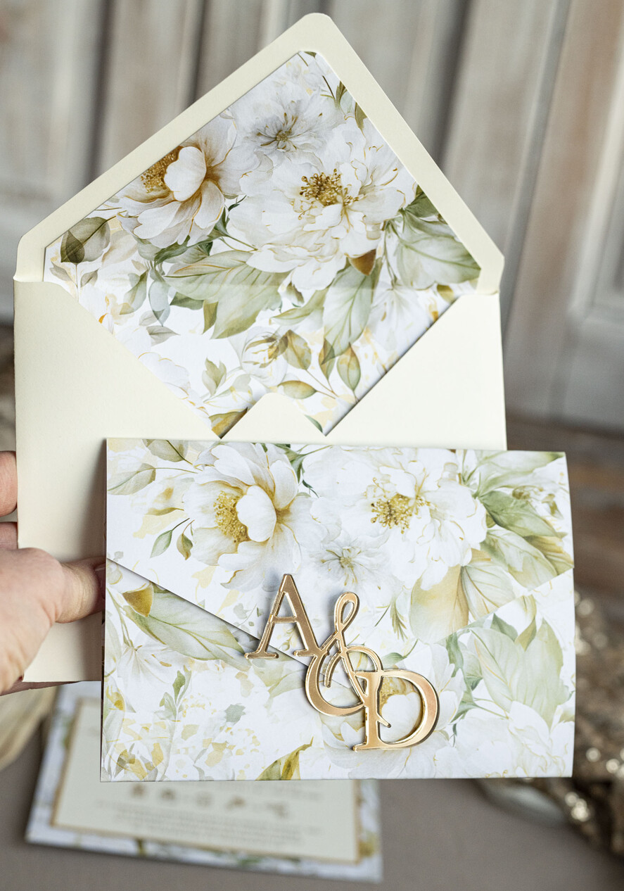 Zaproszenia ślubne Złote Glamour Poziome złote zaproszenia ślubne z lustrzanym monogramem, Kopertowe biało kremowe  zaproszenie na ślub złocone, zaproszenia na slub cywilny kwiatowe1