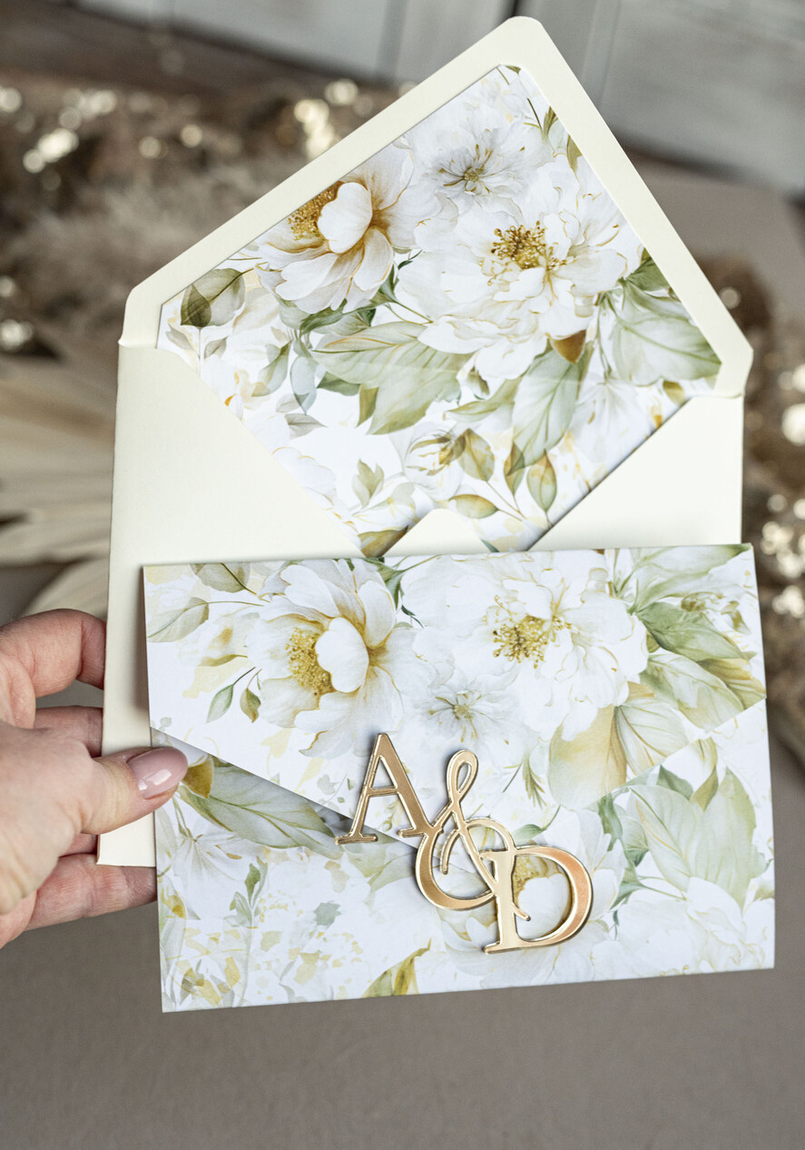 Zaproszenia ślubne Złote Glamour Poziome złote zaproszenia ślubne z lustrzanym monogramem, Kopertowe biało kremowe  zaproszenie na ślub złocone, zaproszenia na slub cywilny kwiatowe2