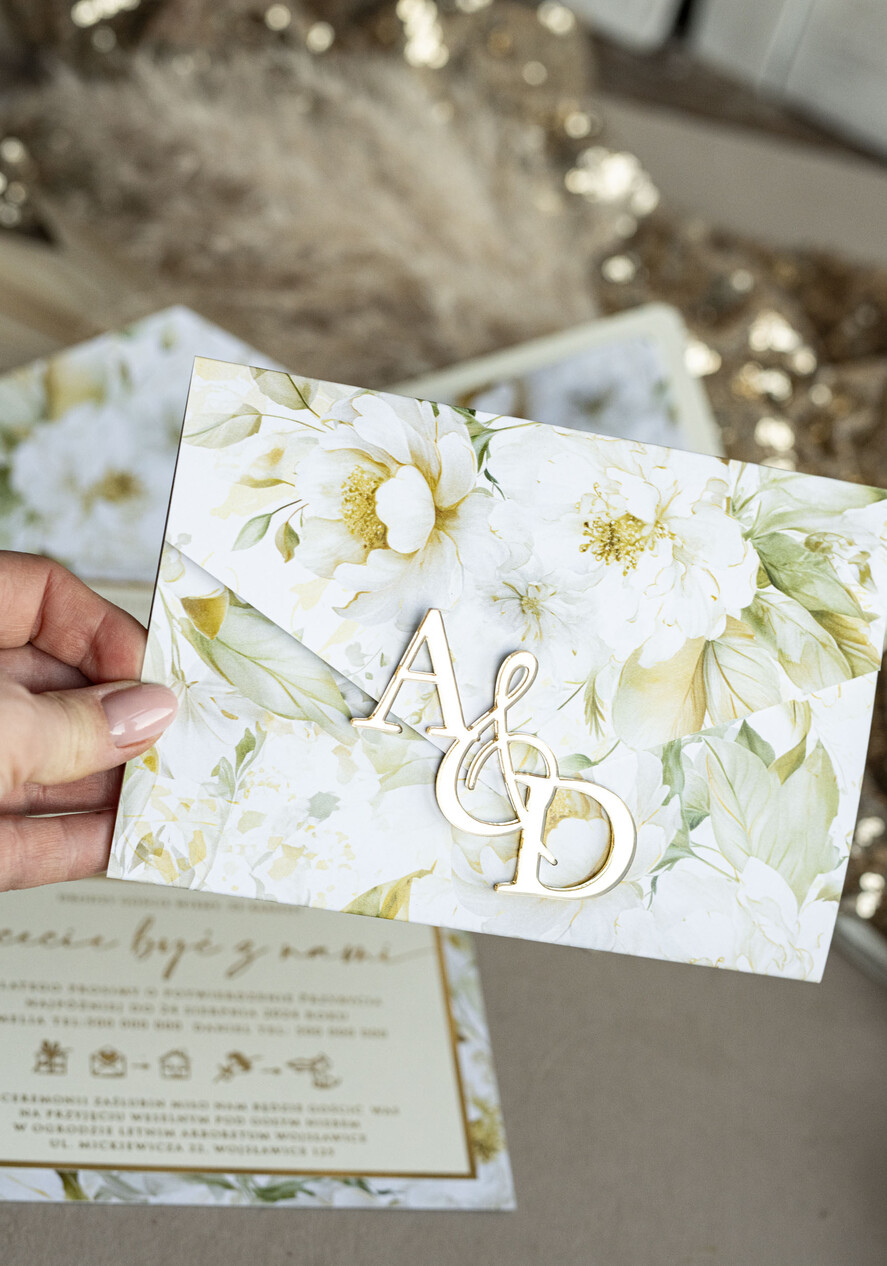 Zaproszenia ślubne Złote Glamour Poziome złote zaproszenia ślubne z lustrzanym monogramem, Kopertowe biało kremowe  zaproszenie na ślub złocone, zaproszenia na slub cywilny kwiatowe3
