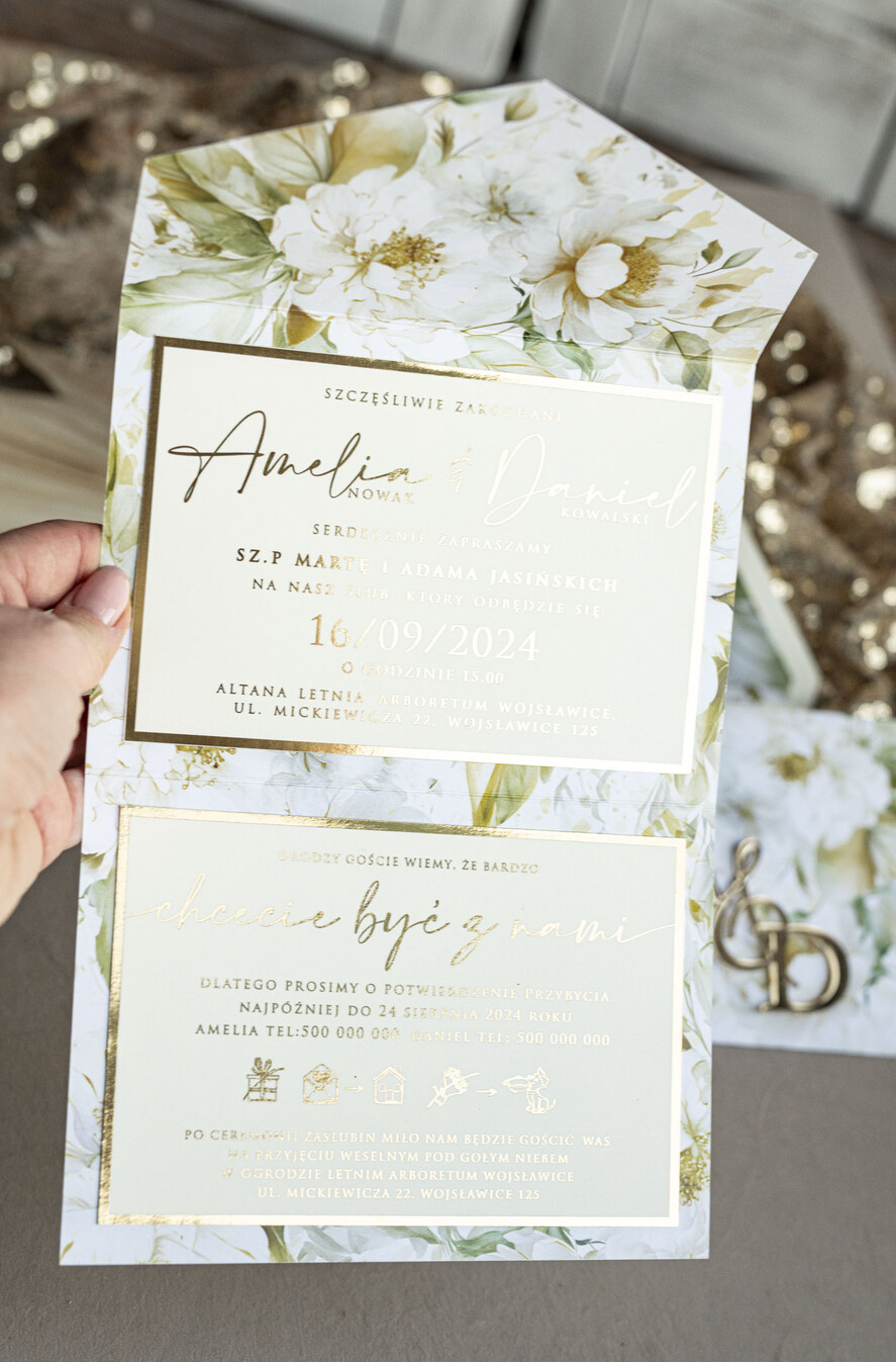 Zaproszenia ślubne Złote Glamour Poziome złote zaproszenia ślubne z lustrzanym monogramem, Kopertowe biało kremowe  zaproszenie na ślub złocone, zaproszenia na slub cywilny kwiatowe5