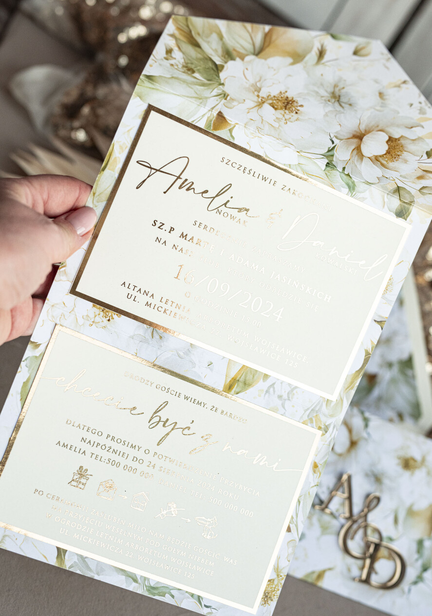 Zaproszenia ślubne Złote Glamour Poziome złote zaproszenia ślubne z lustrzanym monogramem, Kopertowe biało kremowe  zaproszenie na ślub złocone, zaproszenia na slub cywilny kwiatowe6