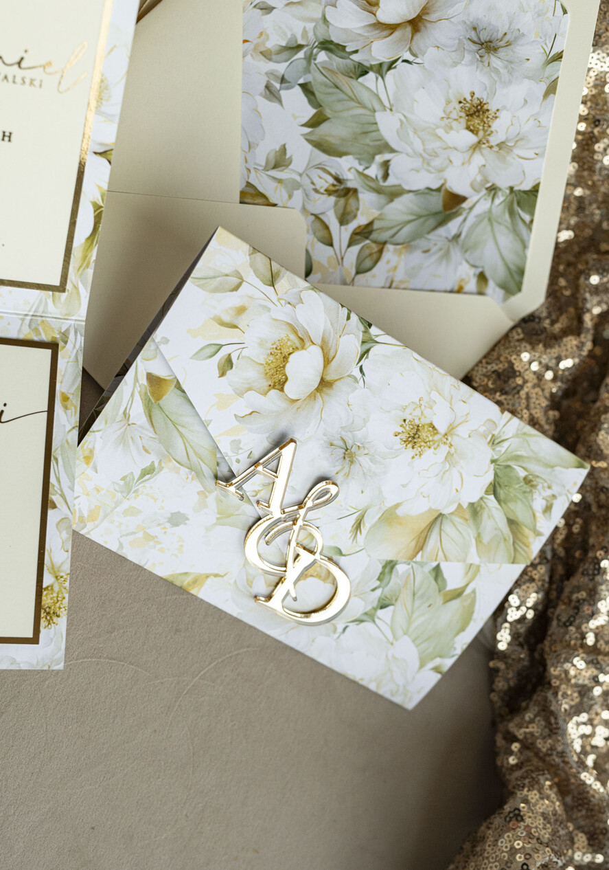Zaproszenia ślubne Złote Glamour Poziome złote zaproszenia ślubne z lustrzanym monogramem, Kopertowe biało kremowe  zaproszenie na ślub złocone, zaproszenia na slub cywilny kwiatowe7