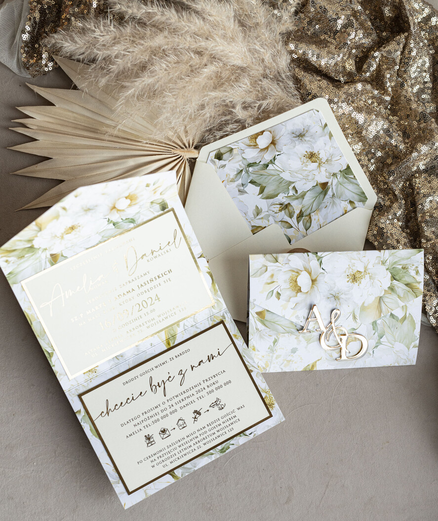 Zaproszenia ślubne Złote Glamour Poziome złote zaproszenia ślubne z lustrzanym monogramem, Kopertowe biało kremowe  zaproszenie na ślub złocone, zaproszenia na slub cywilny kwiatowe8