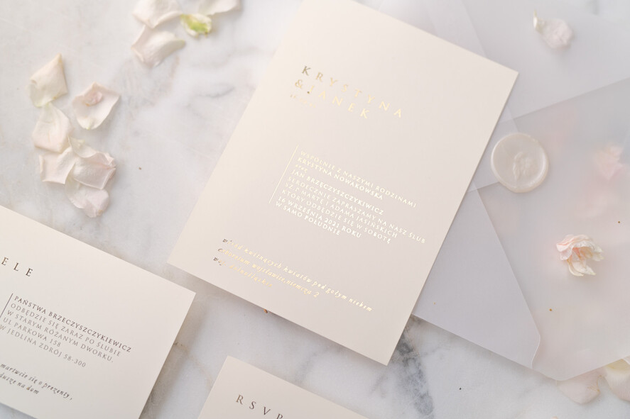 Zaproszenia ślubne Złote Glamour minimalistyczne złote zaproszenia na ślub w delikatnej kolorystyce przeźroczysta koperta2