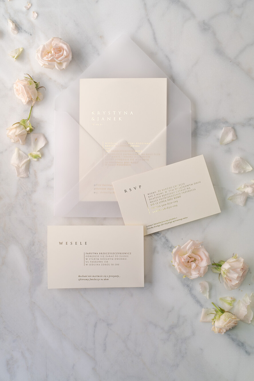 Zaproszenia ślubne Złote Glamour minimalistyczne złote zaproszenia na ślub w delikatnej kolorystyce przeźroczysta koperta3