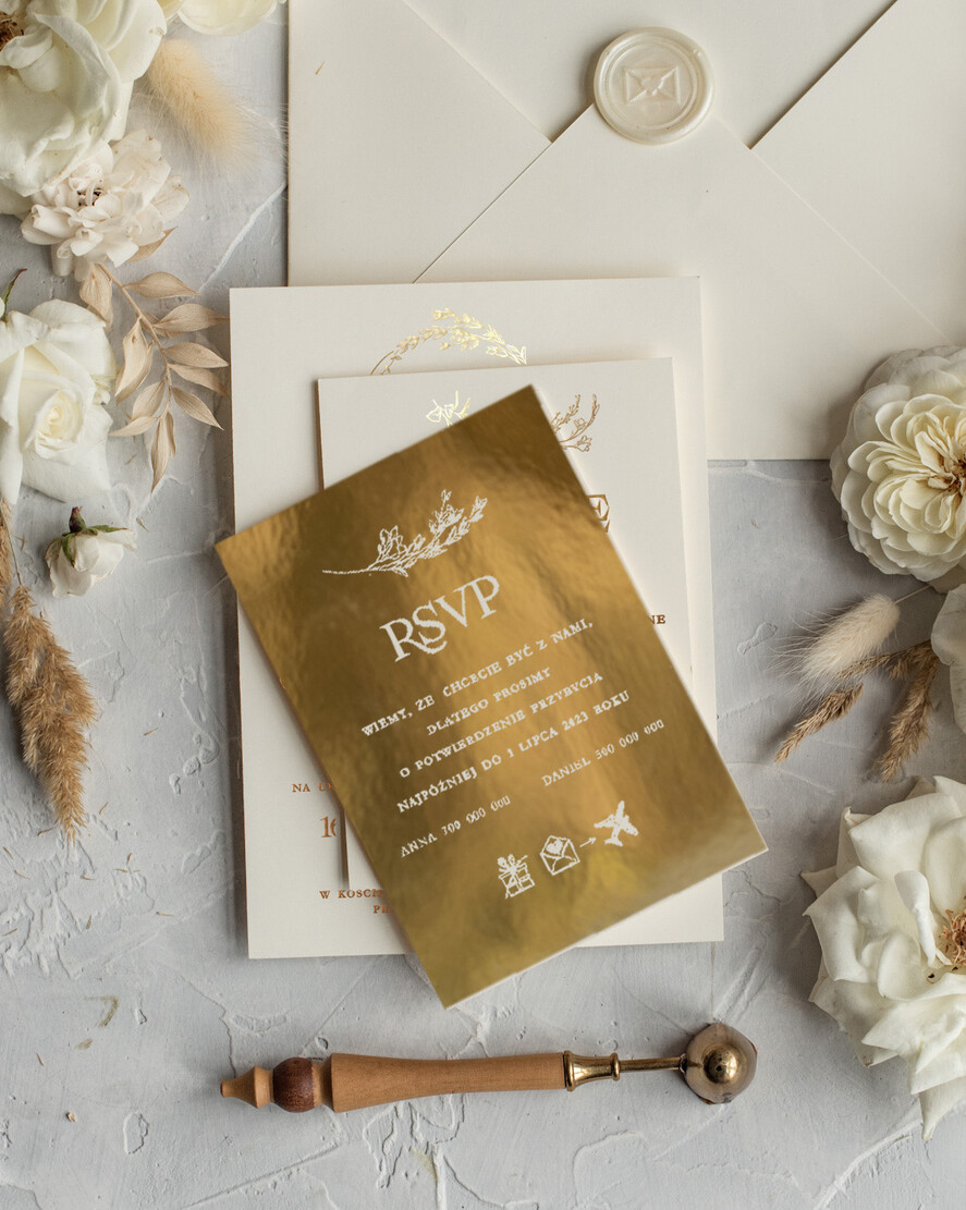 Zaproszenia ślubne Złote Glamour Złote zaproszenia ślubne robione na zamówienie, luksusowe wesele proste złocone zaproszenie ślubne7