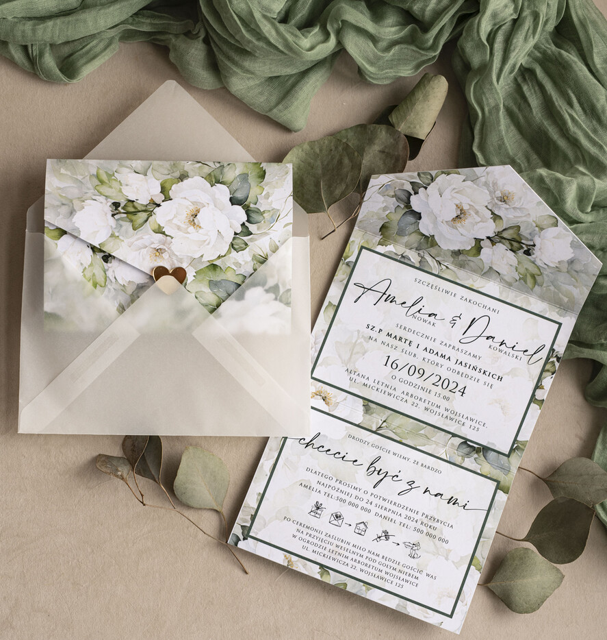 Zaproszenia ślubne Złote Glamour Poziome zaproszenia ślubne z lustrzanym sercen, Kopertowe biało zielone zaproszenie na ślub wiosenny, zaproszenia na slub cywilny peonie 2