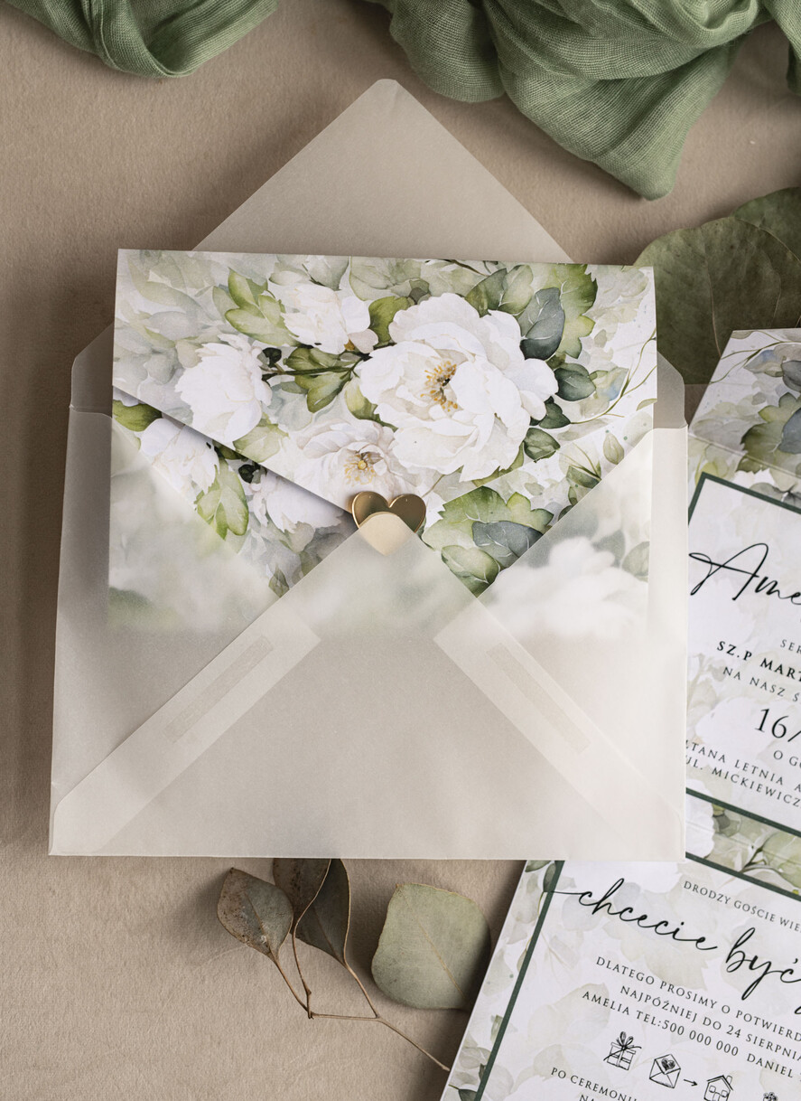 Zaproszenia ślubne Złote Glamour Poziome zaproszenia ślubne z lustrzanym sercen, Kopertowe biało zielone zaproszenie na ślub wiosenny, zaproszenia na slub cywilny peonie 4