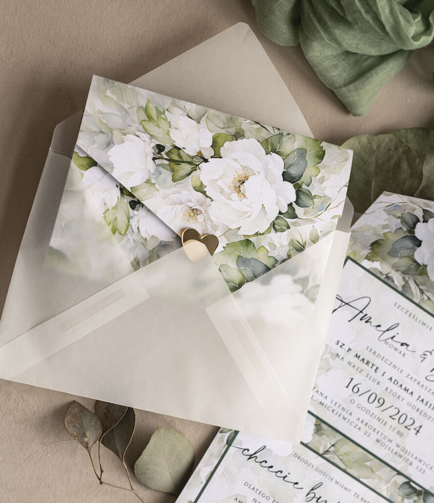 Zaproszenia ślubne Złote Glamour Poziome zaproszenia ślubne z lustrzanym sercen, Kopertowe biało zielone zaproszenie na ślub wiosenny, zaproszenia na slub cywilny peonie 5