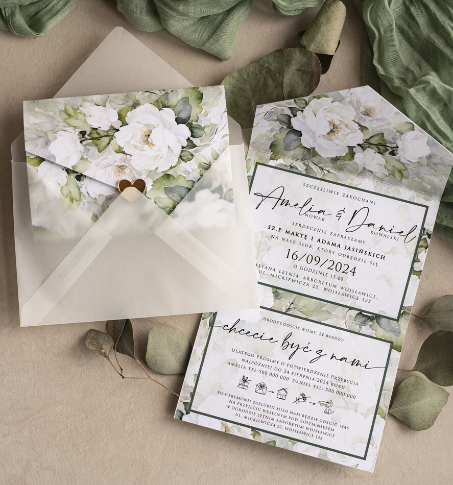 Zaproszenia ślubne Złote Glamour Poziome zaproszenia ślubne z lustrzanym sercen, Kopertowe biało zielone zaproszenie na ślub wiosenny, zaproszenia na slub cywilny peonie 6