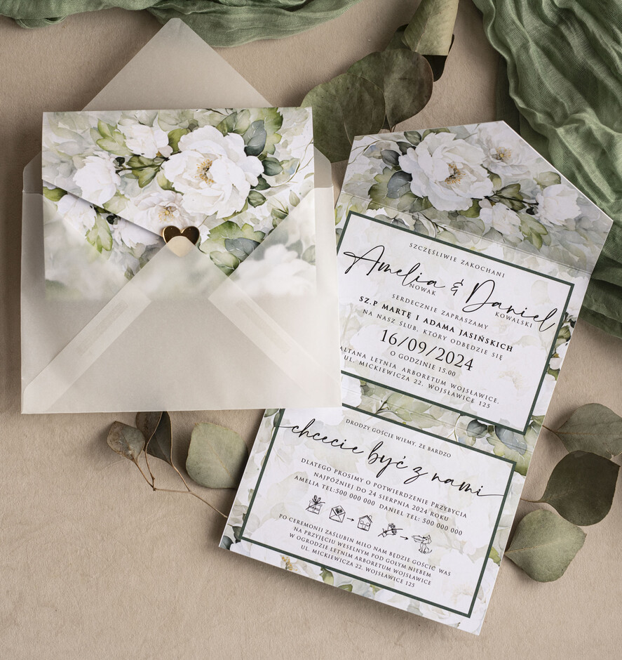 Zaproszenia ślubne Złote Glamour Poziome zaproszenia ślubne z lustrzanym sercen, Kopertowe biało zielone zaproszenie na ślub wiosenny, zaproszenia na slub cywilny peonie 7