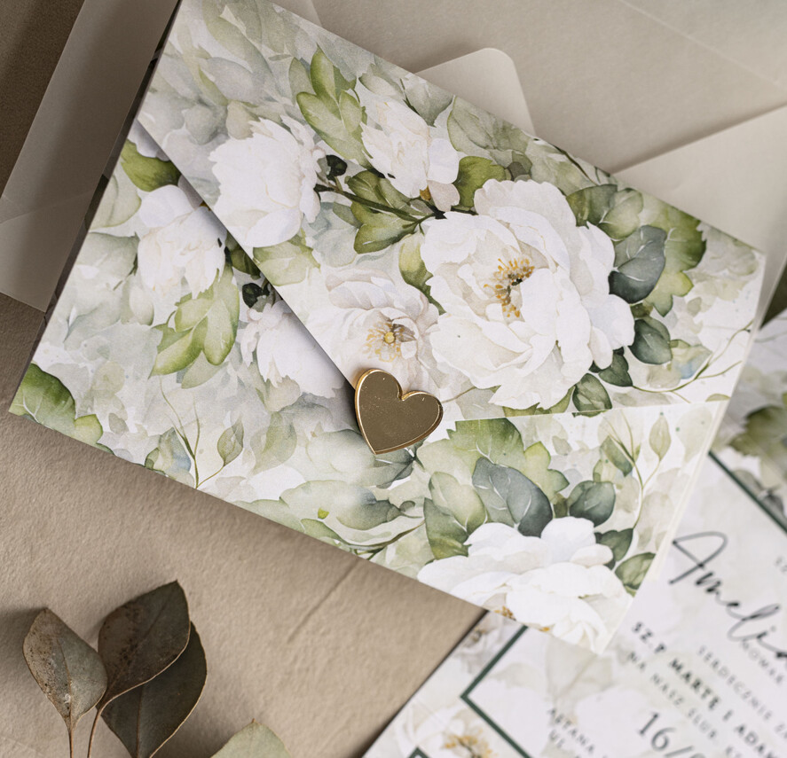 Zaproszenia ślubne Złote Glamour Poziome zaproszenia ślubne z lustrzanym sercen, Kopertowe biało zielone zaproszenie na ślub wiosenny, zaproszenia na slub cywilny peonie 1