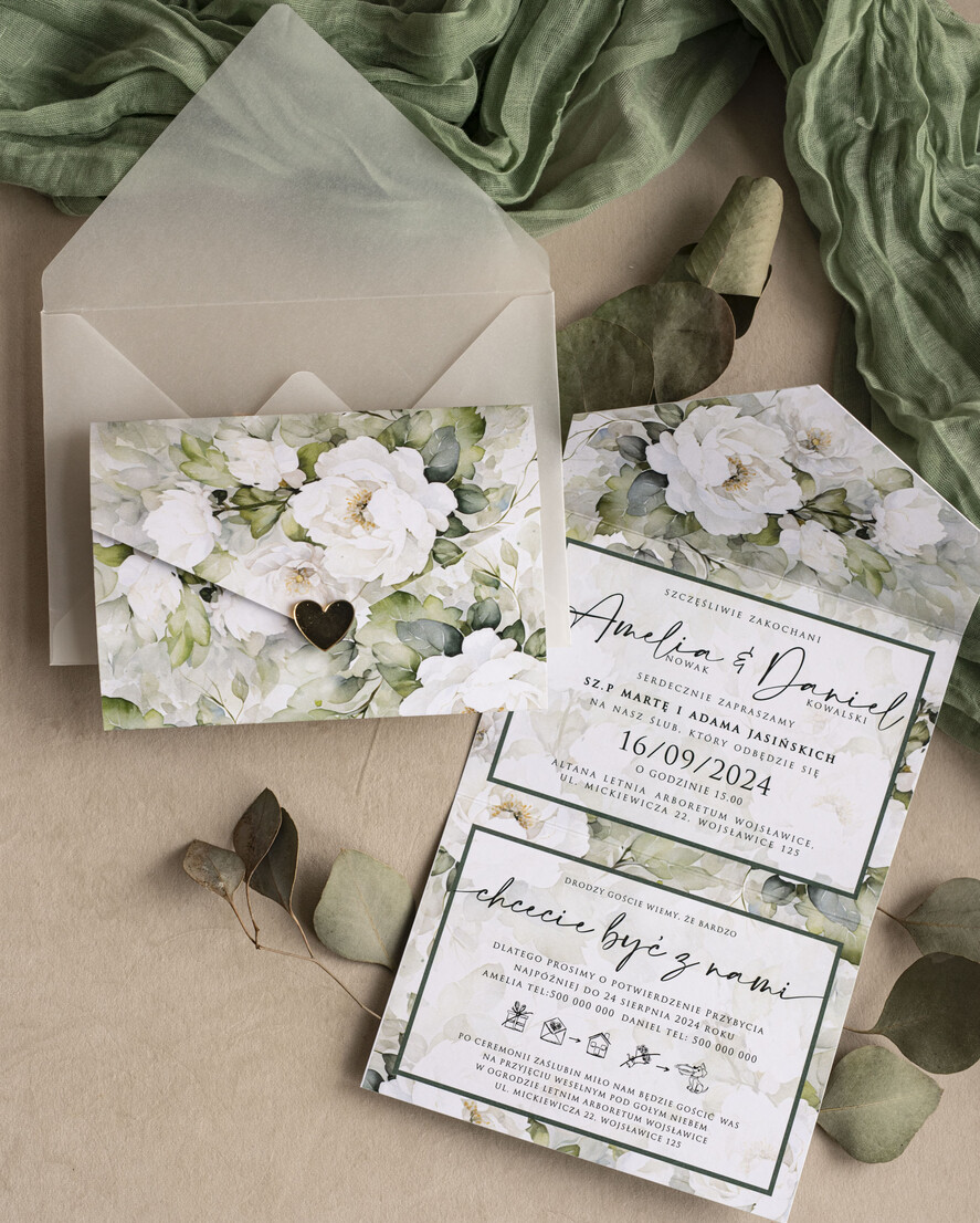 Zaproszenia ślubne Złote Glamour Poziome zaproszenia ślubne z lustrzanym sercen, Kopertowe biało zielone zaproszenie na ślub wiosenny, zaproszenia na slub cywilny peonie 8