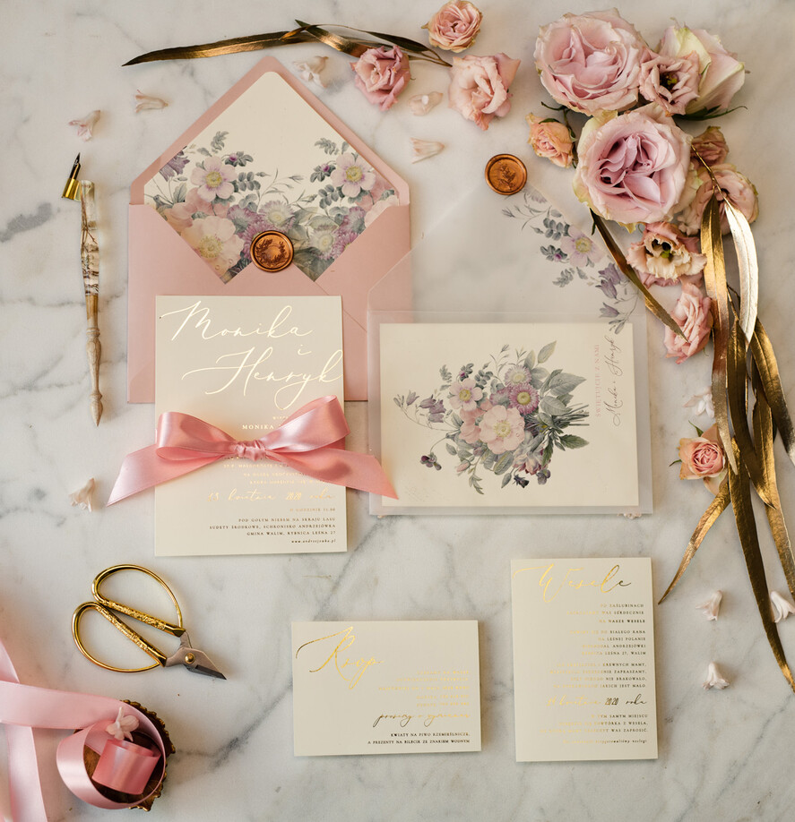 Zaproszenia ślubne Złote Glamour oryginalne błyszczące zaproszenia ślubne w stylu glamour z motywem kwiatowym   4