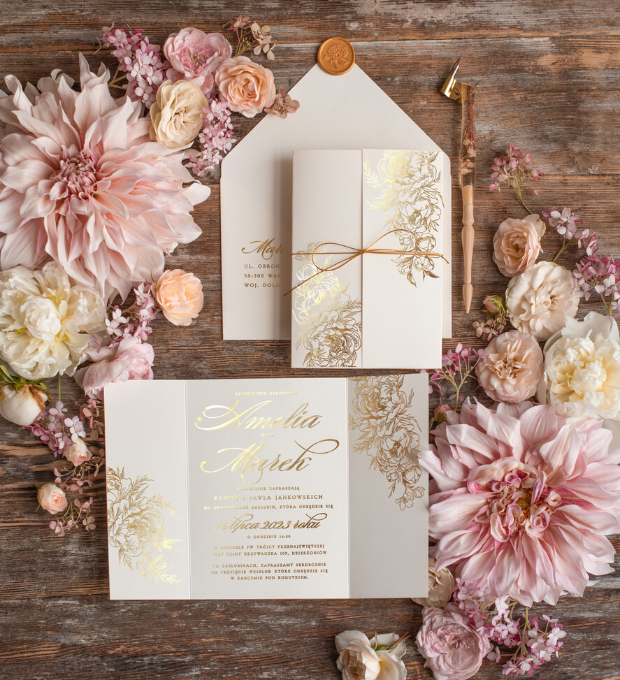 Zaproszenia ślubne Złote Glamour Złote błyszczące zaproszenie na ślub Peonie Kwiaty Złocone Litery Zaproszenia Ślubne Glamour Proste Zaproszenie na Ślub2