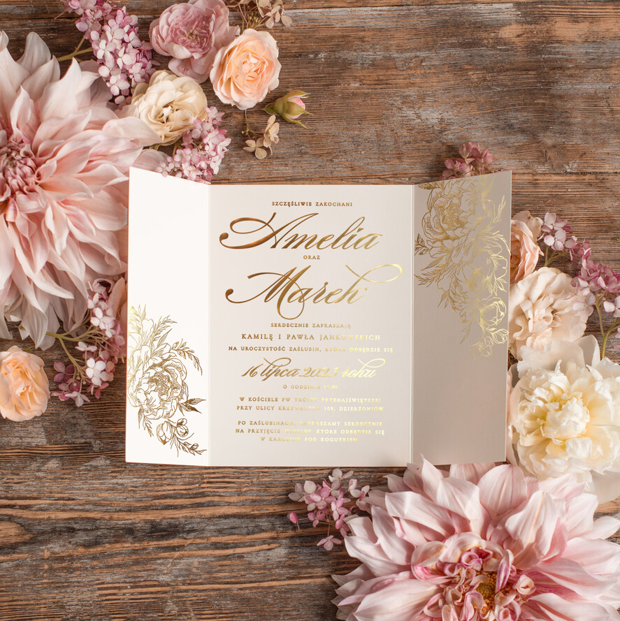 Zaproszenia ślubne Złote Glamour Złote błyszczące zaproszenie na ślub Peonie Kwiaty Złocone Litery Zaproszenia Ślubne Glamour Proste Zaproszenie na Ślub6