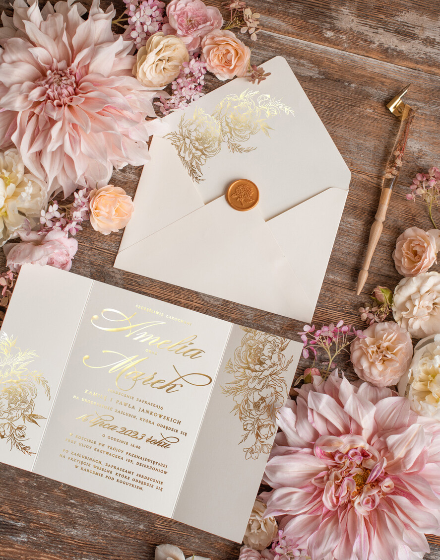 Zaproszenia ślubne Złote Glamour Złote błyszczące zaproszenie na ślub Peonie Kwiaty Złocone Litery Zaproszenia Ślubne Glamour Proste Zaproszenie na Ślub7