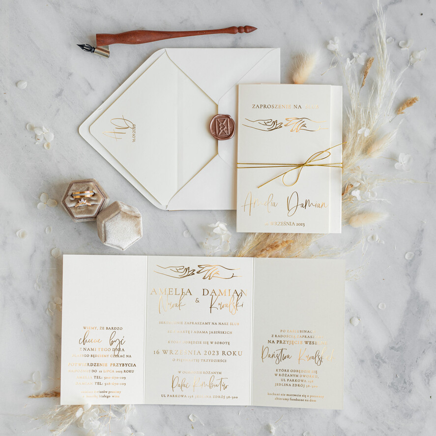 Zaproszenia ślubne Złote Glamour nowoczesne zaproszenia ślubne, składane zapeszenia na ślub 0