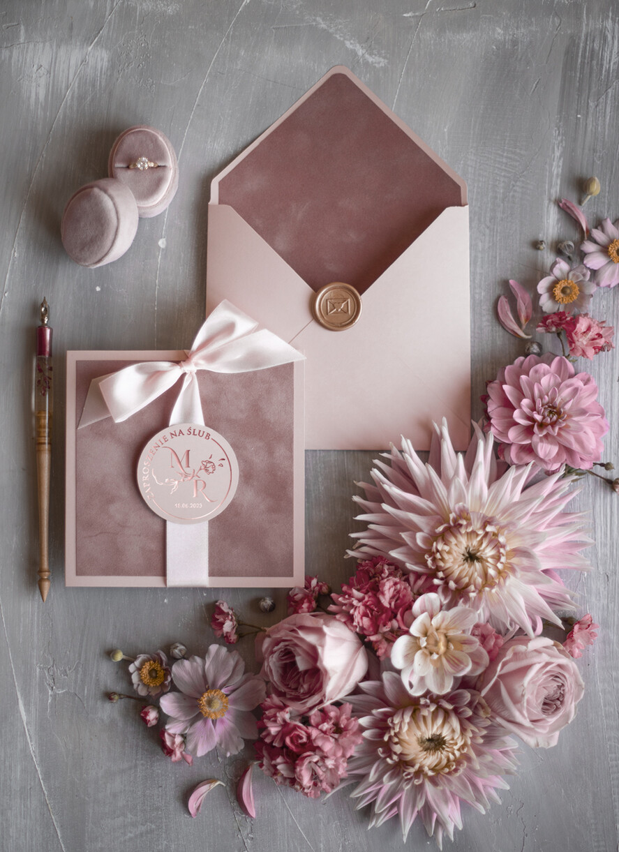 Zaproszenia ślubne Złote Glamour Proste Złocone zaproszenia ślubne welurowe, Pudrowy Róż i  Złoto Minimalistyczne Zaproszenia na Ślub 1