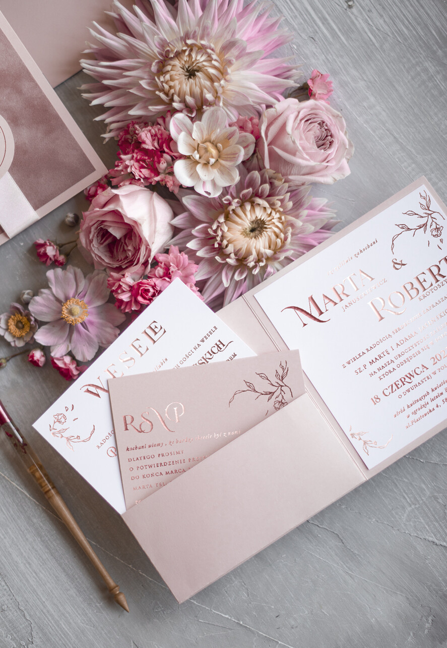 Zaproszenia ślubne Złote Glamour Proste Złocone zaproszenia ślubne welurowe, Pudrowy Róż i  Złoto Minimalistyczne Zaproszenia na Ślub 4