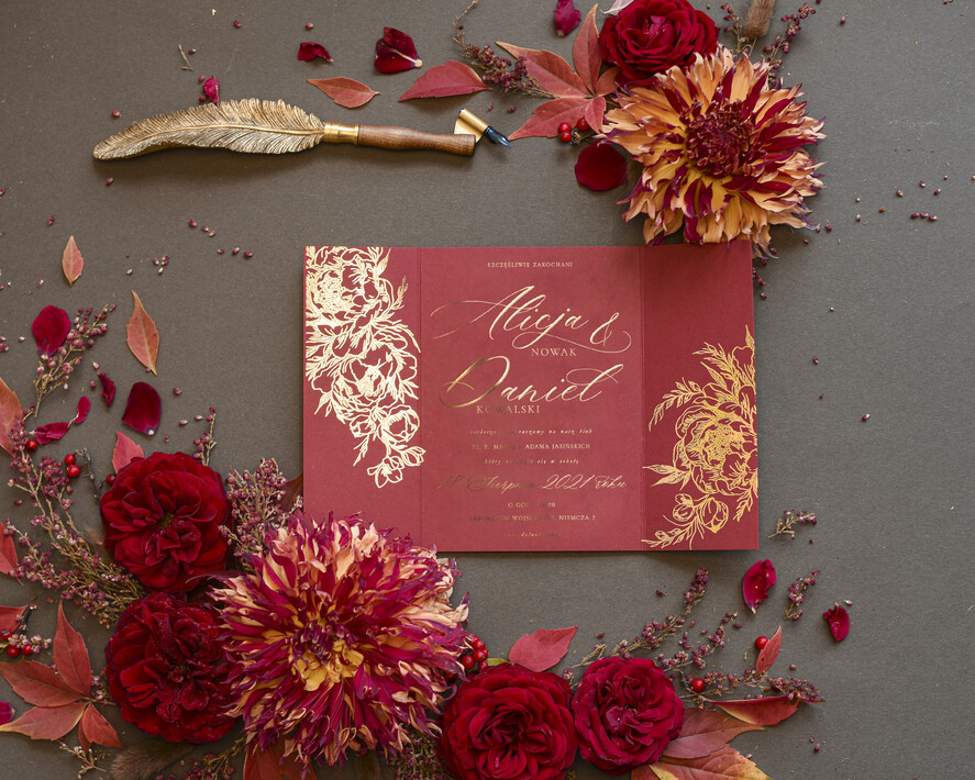 Zaproszenia ślubne Złote Glamour Bordowe  Złote Zaproszenia Ślubne Glamour Złote Kwiaty Peonie Złocone Zaproszenia na Ślub Minimalistyczne Zaproszenie  2