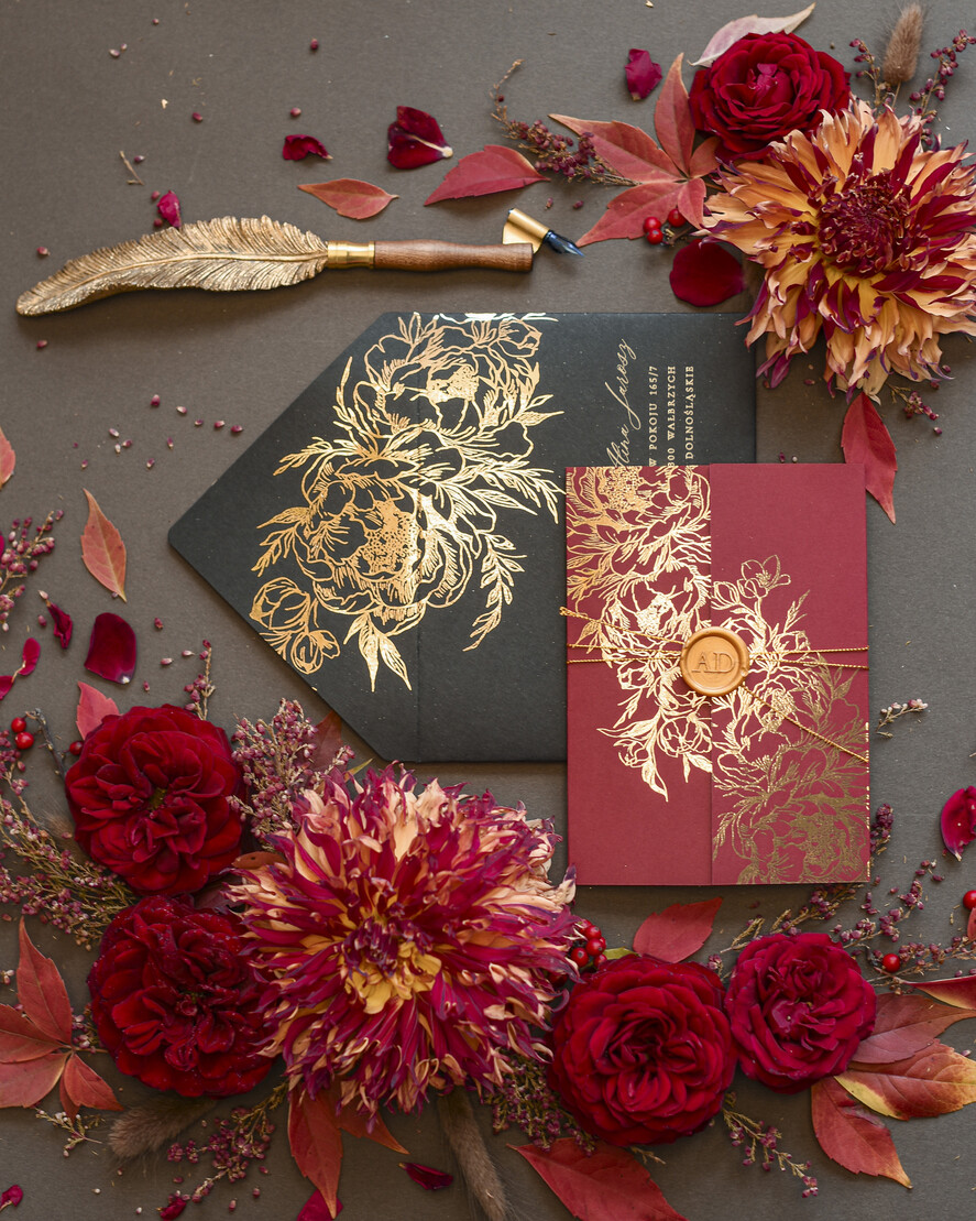 Zaproszenia ślubne Złote Glamour Bordowe  Złote Zaproszenia Ślubne Glamour Złote Kwiaty Peonie Złocone Zaproszenia na Ślub Minimalistyczne Zaproszenie  3