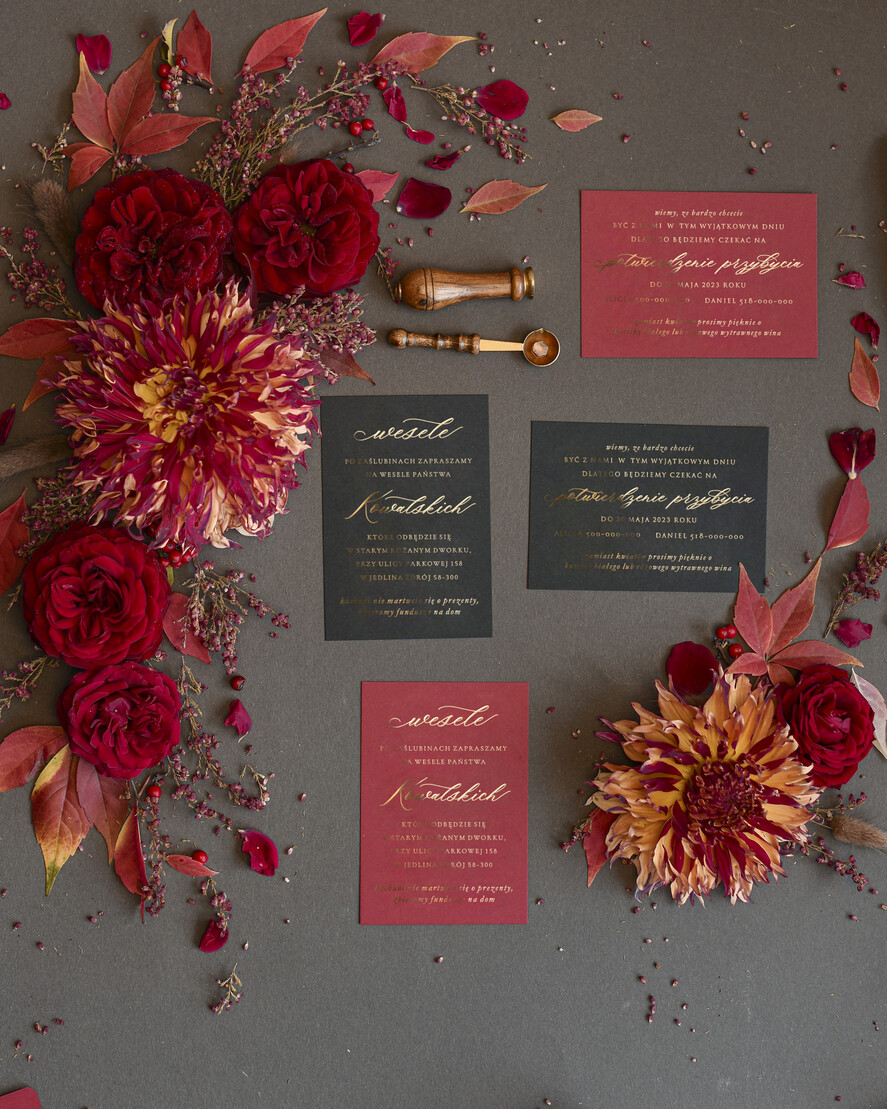 Zaproszenia ślubne Złote Glamour Bordowe  Złote Zaproszenia Ślubne Glamour Złote Kwiaty Peonie Złocone Zaproszenia na Ślub Minimalistyczne Zaproszenie  5