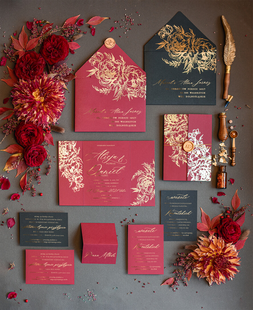 Zaproszenia ślubne Złote Glamour Bordowe  Złote Zaproszenia Ślubne Glamour Złote Kwiaty Peonie Złocone Zaproszenia na Ślub Minimalistyczne Zaproszenie  0