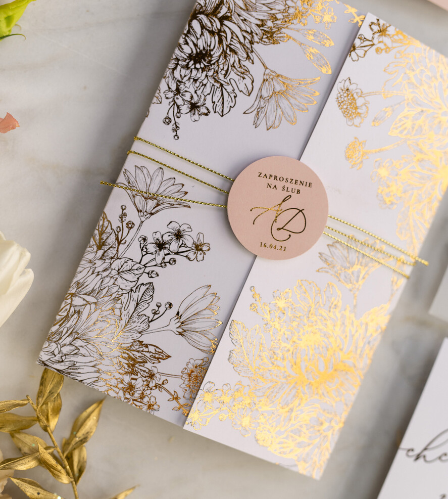 Zaproszenia ślubne Złote Glamour złote zaproszenia ślubne bogato zdobione motywy kwiatowe idealne na letni ślub4