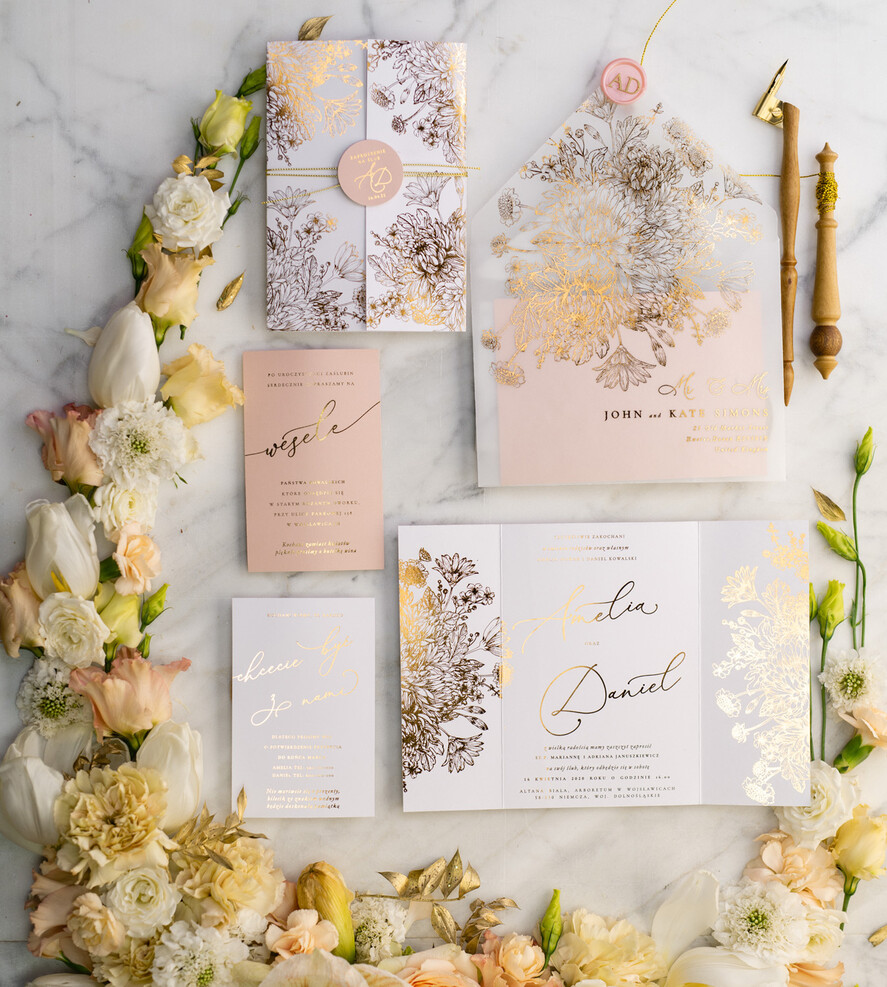 Zaproszenia ślubne Złote Glamour złote zaproszenia ślubne bogato zdobione motywy kwiatowe idealne na letni ślub0
