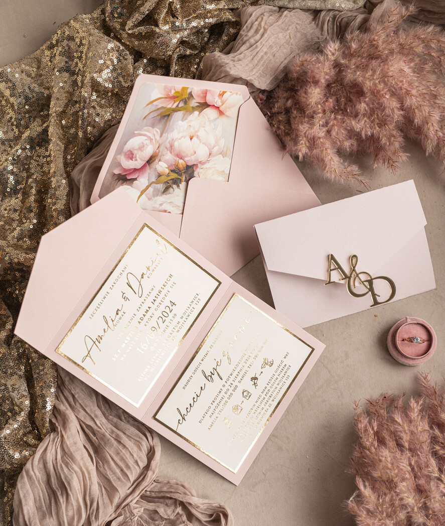 Zaproszenia ślubne Złote Glamour Poziome srebrne zaproszenia ślubne z lustrzanym monogramem, Kopertowe rozowe zaproszenie na ślub złocone, zaproszenia na slub cywilny pudrowy róż i peonie10