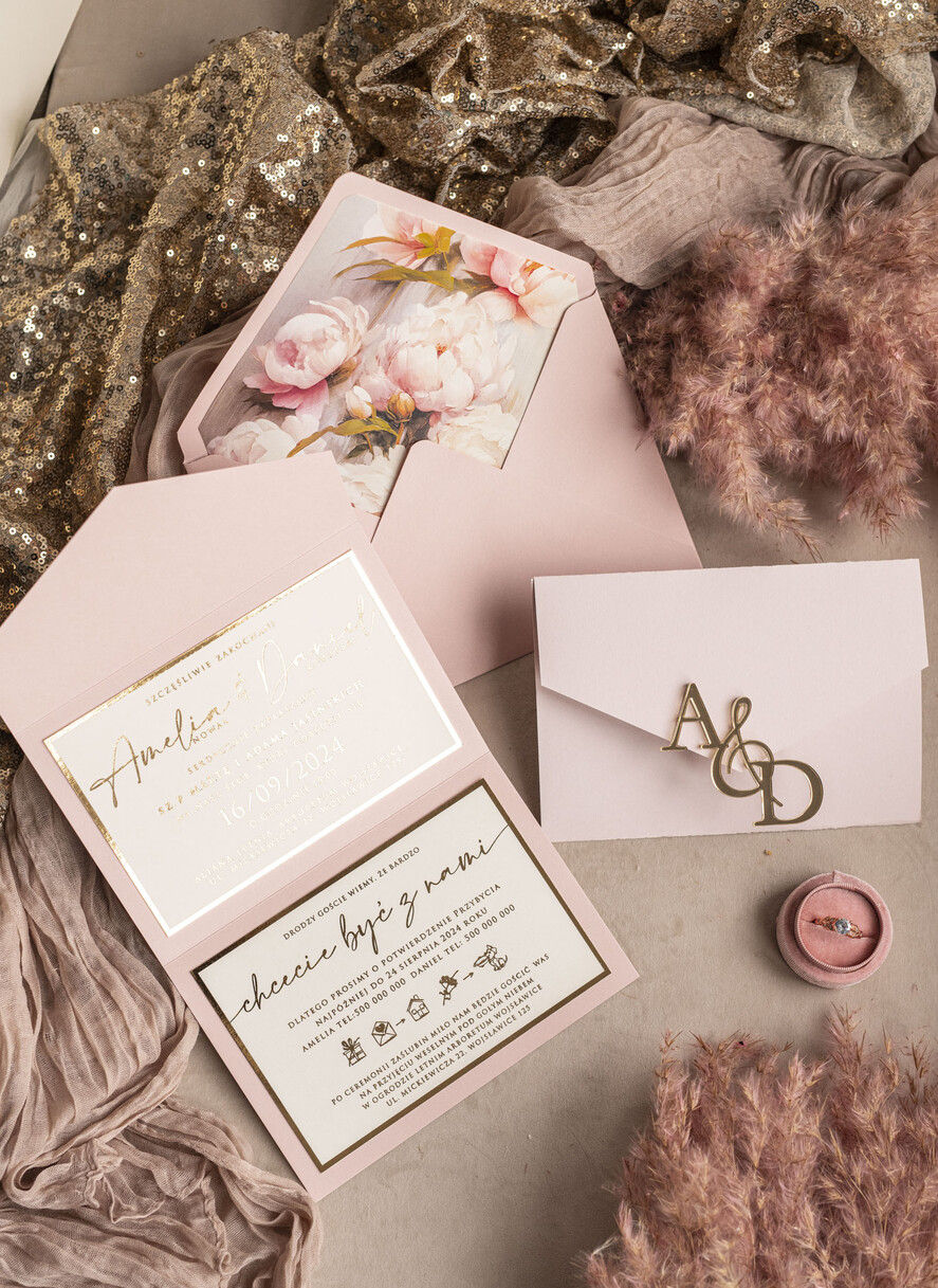 Zaproszenia ślubne Złote Glamour Poziome srebrne zaproszenia ślubne z lustrzanym monogramem, Kopertowe rozowe zaproszenie na ślub złocone, zaproszenia na slub cywilny pudrowy róż i peonie11