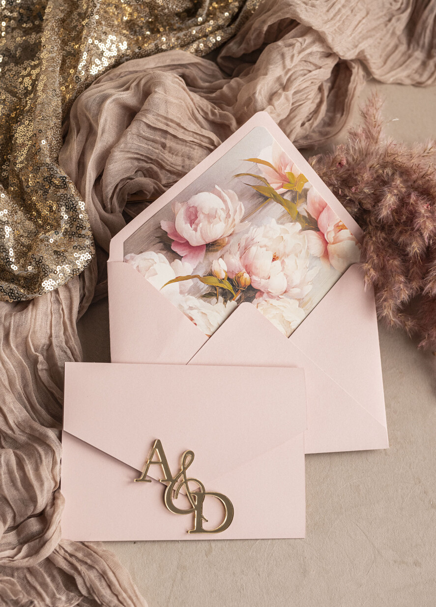 Zaproszenia ślubne Złote Glamour Poziome srebrne zaproszenia ślubne z lustrzanym monogramem, Kopertowe rozowe zaproszenie na ślub złocone, zaproszenia na slub cywilny pudrowy róż i peonie12