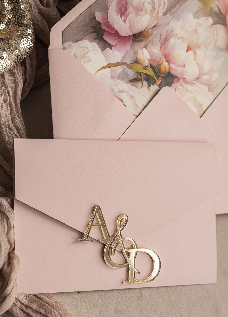 Zaproszenia ślubne Złote Glamour Poziome srebrne zaproszenia ślubne z lustrzanym monogramem, Kopertowe rozowe zaproszenie na ślub złocone, zaproszenia na slub cywilny pudrowy róż i peonie13