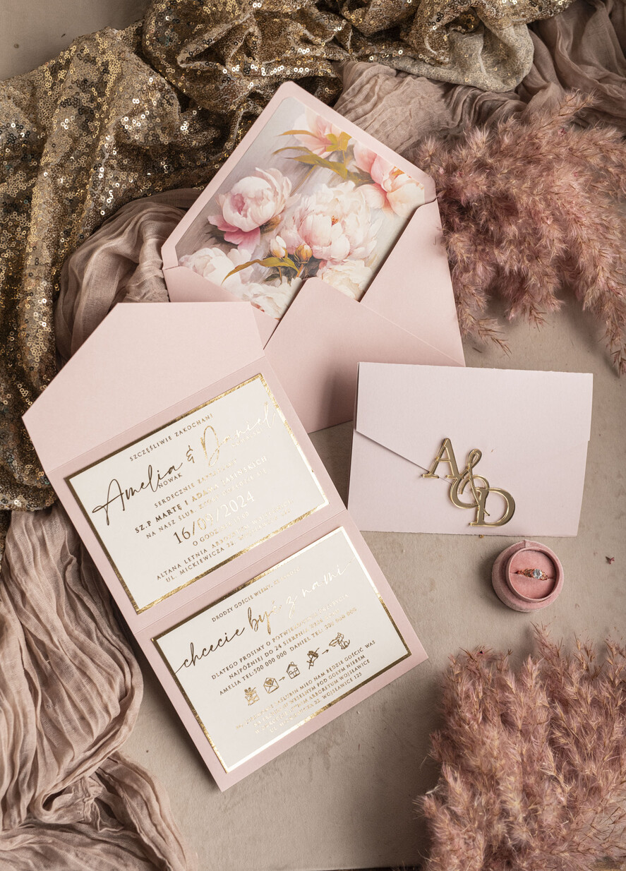 Zaproszenia ślubne Złote Glamour Poziome srebrne zaproszenia ślubne z lustrzanym monogramem, Kopertowe rozowe zaproszenie na ślub złocone, zaproszenia na slub cywilny pudrowy róż i peonie0