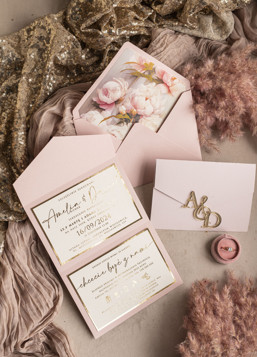 Zaproszenia ślubne Złote Glamour Poziome srebrne zaproszenia ślubne z lustrzanym monogramem, Kopertowe rozowe zaproszenie na ślub złocone, zaproszenia na slub cywilny pudrowy róż i peonie3
