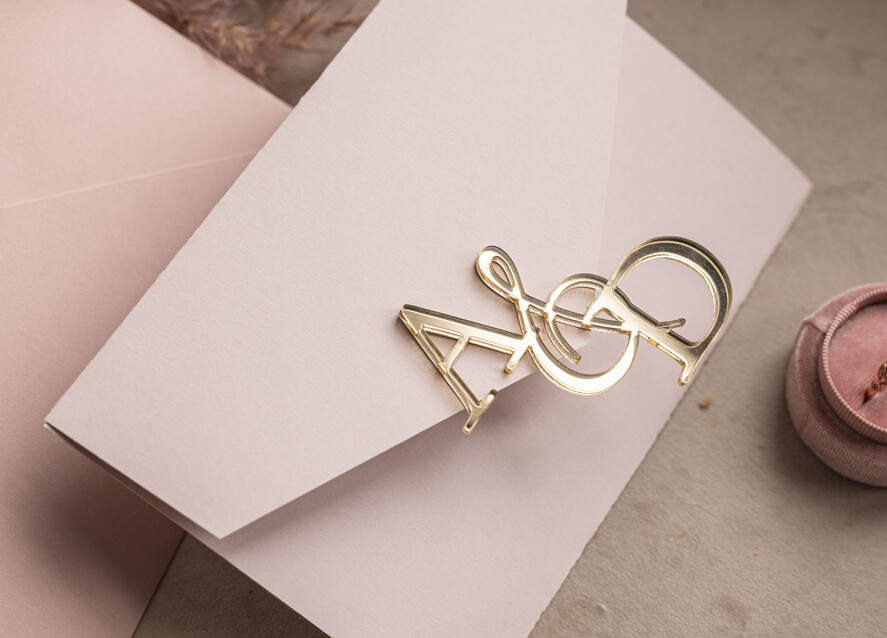 Zaproszenia ślubne Złote Glamour Poziome srebrne zaproszenia ślubne z lustrzanym monogramem, Kopertowe rozowe zaproszenie na ślub złocone, zaproszenia na slub cywilny pudrowy róż i peonie6