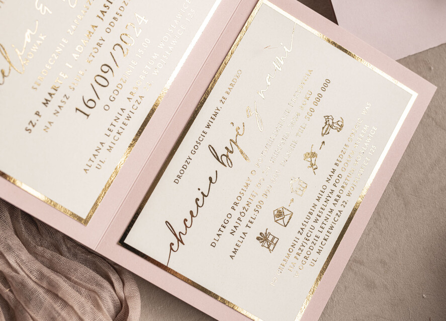 Zaproszenia ślubne Złote Glamour Poziome srebrne zaproszenia ślubne z lustrzanym monogramem, Kopertowe rozowe zaproszenie na ślub złocone, zaproszenia na slub cywilny pudrowy róż i peonie7