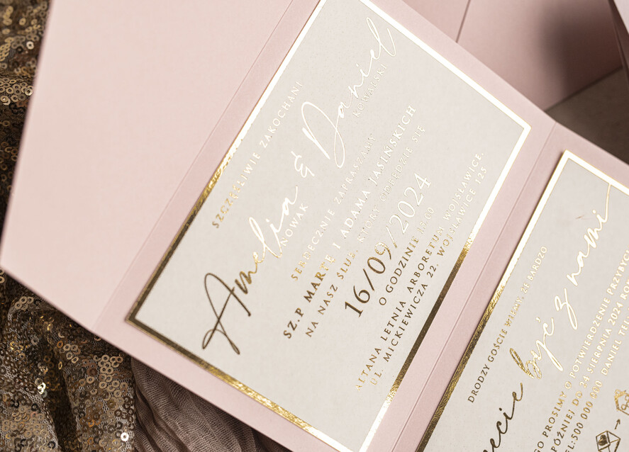 Zaproszenia ślubne Złote Glamour Poziome srebrne zaproszenia ślubne z lustrzanym monogramem, Kopertowe rozowe zaproszenie na ślub złocone, zaproszenia na slub cywilny pudrowy róż i peonie8
