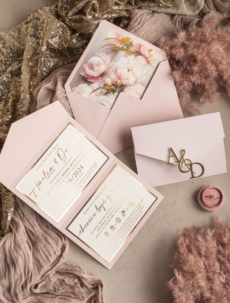 Zaproszenia ślubne Złote Glamour Poziome srebrne zaproszenia ślubne z lustrzanym monogramem, Kopertowe rozowe zaproszenie na ślub złocone, zaproszenia na slub cywilny pudrowy róż i peonie9