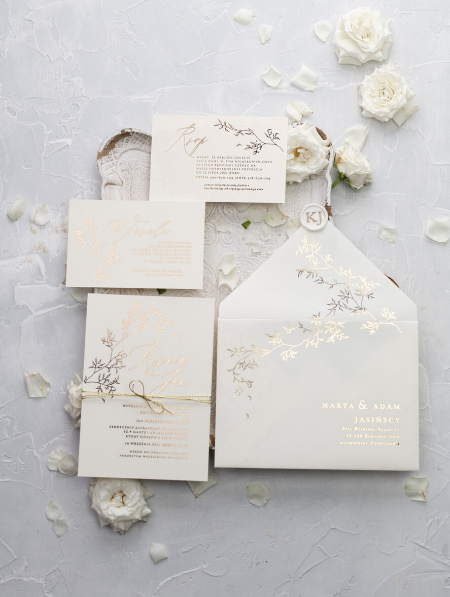 Zaproszenia ślubne Złote Glamour delikatne złote zaproszenia ślubne w eleganckim stylu glamour z motywem listków  1